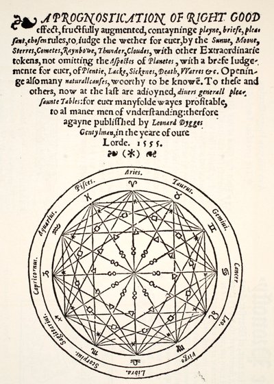 Een zeer goede voorspelling, door Leonard Dygges, gedrukt door Thomas Gemini, Blacke Friars, Londen, 1555 door English School