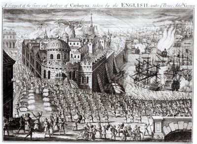 Een Uitzicht op de Stad en Haven van Cartagena, ingenomen door de Engelsen onder de dappere Admiraal Vernon, 1741 door English School
