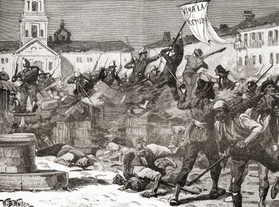 Een republikeinse opstand in Malaga, Spanje tijdens de Glorieuze Revolutie (La Gloriosa) door English School