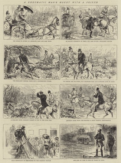 Een reumatische man op een paard met een vriend (gravure) door English School
