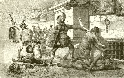 Een Romeinse feestdag. Gevecht van gladiatoren. De overwonnenen smeken de toeschouwers door English School