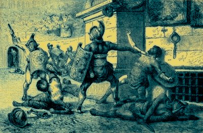 Een Romeinse vakantie, gevecht van gladiatoren, illustratie uit The Illustrated History of the World, gepubliceerd ca. 1880 door English School