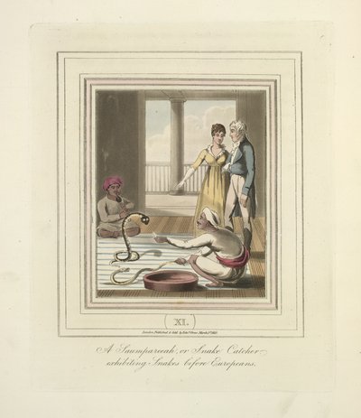 Een Saumpareeah of Slangenvanger die slangen tentoonstelt voor Europeanen, ca. 1824 door English School