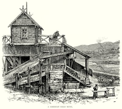 Een Siberische goudmijn (gravure) door English School