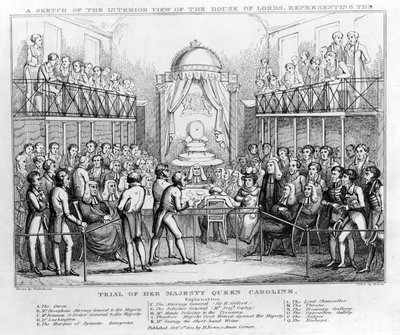 Een schets van het interieur van het Hogerhuis, voorstellende het proces van Hare Majesteit Koningin Caroline, uitgegeven 1820 (gravure) door English School