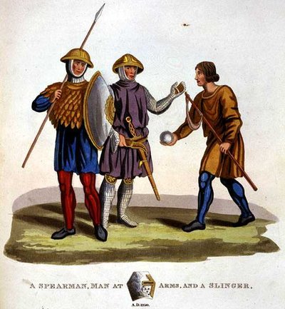 Een speerdrager, man in wapenrusting en een slingeraar door English School