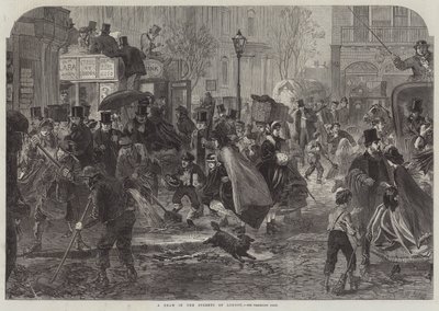 Een dooi in de straten van Londen (gravure) door English School