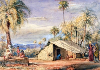 Een Toddy-Drawers Hut in een dadelpalmboomgaard, Bombay Presidency, India door English School
