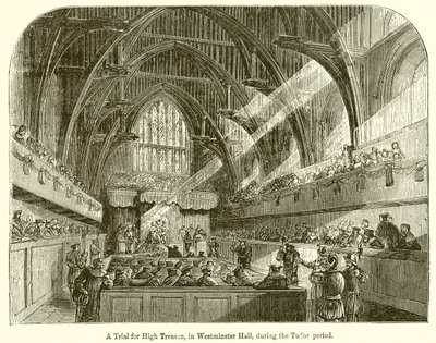 Een proces voor hoogverraad in Westminster Hall, tijdens de Tudor-periode door English School
