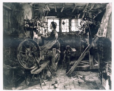 Een typische weverszolder van de vroege industriële revolutie door English School