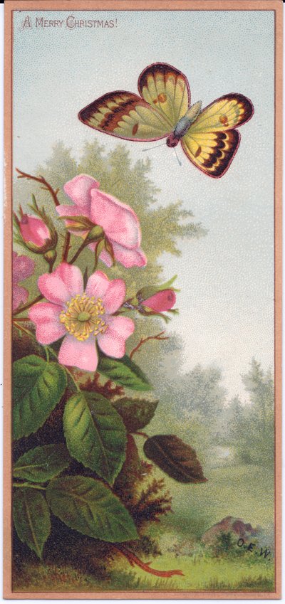 Een Victoriaanse Kerstkaart met een Vlinder en een Struik van Hondsrozen, ca. 1880 door English School