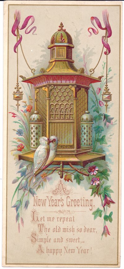 Een Victoriaanse kerstkaart met een uitgebreide vogelkooi met een paar tortelduifjes, ca. 1880 door English School