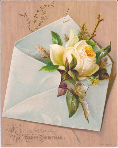 Een Victoriaanse kerstkaart met een envelop met een roos, ca. 1880 door English School