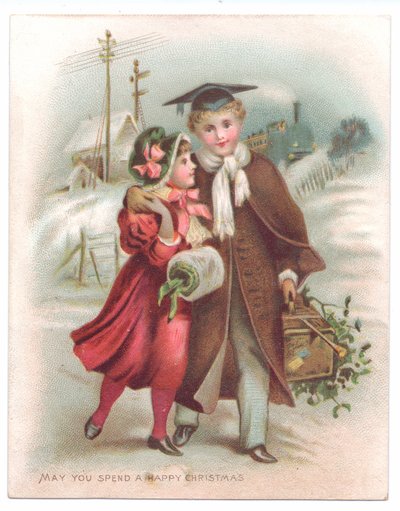 Een Victoriaanse kerstkaart van een jongen met een baret met zijn arm om een meisje terwijl ze door de sneeuw lopen, ca. 1880 door English School