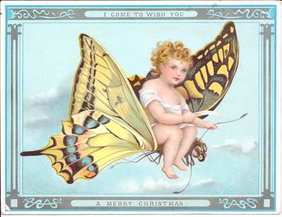 Victoriaanse kerstkaart van een kind vliegend op een vlinder, ca. 1920 door English School