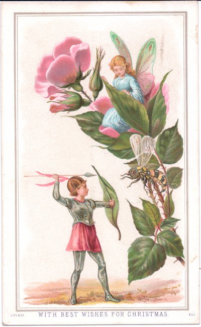 Een Victoriaanse kerstkaart van een fee die op een roos zit en een andere fee die een speer naar een wesp gooit, ca. 1880 door English School