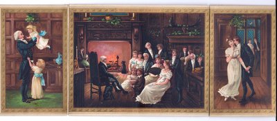 Een Victoriaanse kerstkaart van een vader en zijn kinderen, een vader die een verhaal vertelt aan een familie en een heer die probeert een dame onder de maretak te kussen, c.1880 door English School