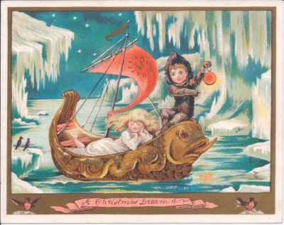 Een Victoriaanse kerstkaart van een meisje fee die slaapt in een sierlijke dolfijnenboot op een bevroren zee terwijl een jongen fee een lamp vasthoudt, ca. 1880 door English School