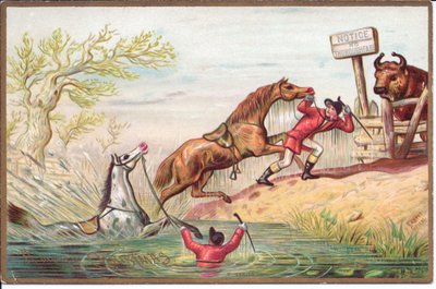 Victoriaanse kerstkaart van een paard dat in het water spartelt terwijl het andere door zijn ruiter aan land wordt getrokken, ca. 1880 (kleur litho) door English School