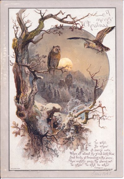 Een Victoriaanse kerstkaart van een uil op een tak op een maanverlichte nacht, ca. 1880 door English School