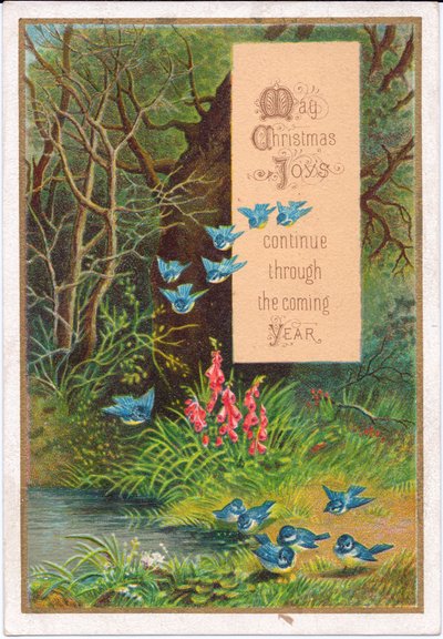Een Victoriaanse kerstkaart van blauwe vogels in een bosrijke omgeving, ca. 1880 door English School