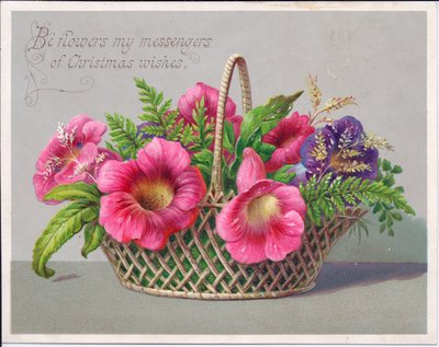 Een Victoriaanse kerstkaart van bloemen in een rieten mand, ca. 1880 door English School