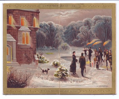 Een Victoriaanse Kerstkaart van Schaatsers met Brandende Fakkels die Schaatsen op een Bevroren Meer voor een Landhuis met Toeschouwers en een Hond, c.1880 door English School
