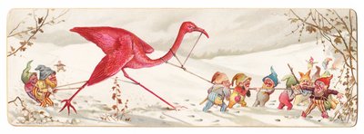Een Victoriaanse kerstkaart met een kwaadaardige groep elfen die een gevangen flamingo in de sneeuw wegleiden door English School