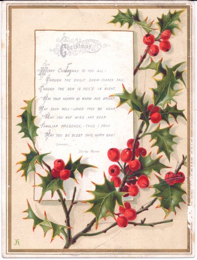 Een Victoriaanse Kerstkaart met een Grote Tak Hulst en een Vers, c.1880 door English School