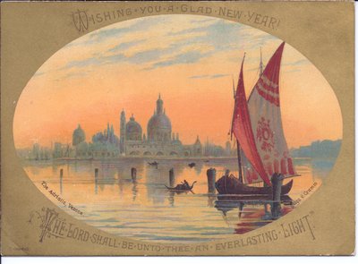 Victoriaanse Nieuwjaarskaart van een boot en gondels op de Adriatische zee, Venetië, ca. 1880 door English School