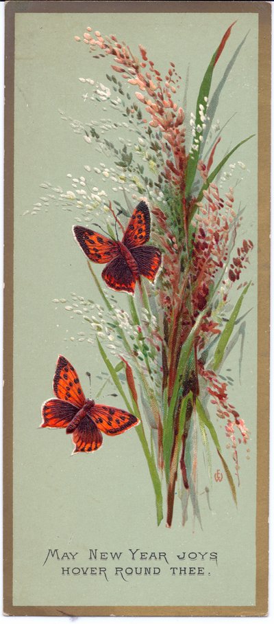 Een Victoriaanse nieuwjaarskaart van twee vlinders tussen hoge grassen, ca. 1880 door English School