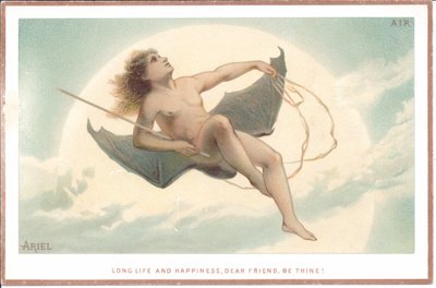 Een Victoriaanse kaart van een naakte man die een stok vasthoudt en op een paar enorme vleermuisvleugels door de wolken vliegt, ca. 1880 door English School