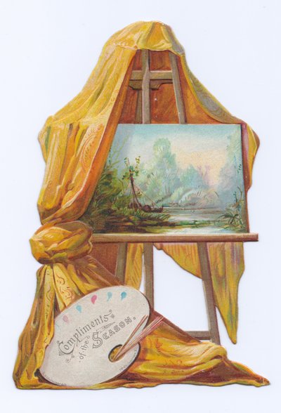Een Victoriaanse uitgestanste kaart van een schilderij op een schildersezel met een doek erop, ca. 1880 door English School