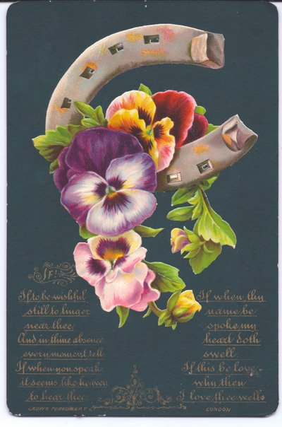 Een Victoriaanse gelukskaart met een hoefijzer en viooltjes, ca. 1880 door English School
