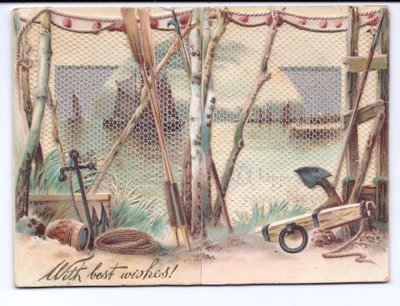 Een Victoriaanse wenskaart van zeilschepen gezien door een gaasscherm, ca. 1880 door English School