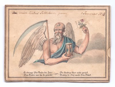 Victoriaanse wenskaart van de magere Hein met een zeis en zandloper die een roos vasthoudt, ca. 1815 (kleur litho) door English School