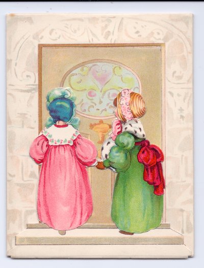 Een Victoriaanse wenskaart van twee kinderen met hoeden die op het punt staan een voordeur binnen te gaan, ca. 1880 door English School
