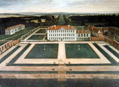 Een uitzicht op Capesthorne Hall, Cheshire, ca. 1730 door English School