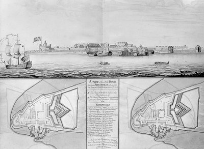 Gezicht op de scheepswerf van Zijne Majesteit in Sheerness, 1698 door English School