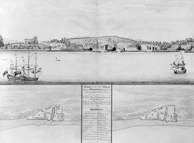 Een uitzicht op de scheepswerf van Zijne Majesteit in Woolwich vanaf de overkant van de Theems door English School