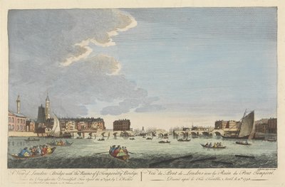 Een uitzicht op London Bridge met de ruïnes van de tijdelijke brug na de brand van 11 april 1758 (gekleurde gravure) door English School