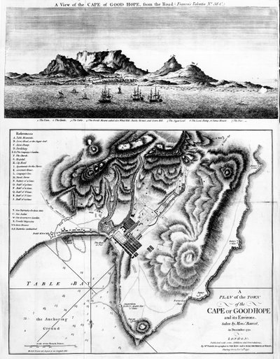 Een uitzicht op de Kaap de Goede Hoop en een plan van de stad Kaap de Goede Hoop en zijn omgeving, gepubliceerd 1795 door English School
