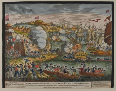 Een Zicht op de Inname van het Nederlandse Eiland Curaçao in de West-Indië, 1 januari 1807, uitgegeven door G. Thompson in 1807 door English School