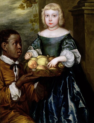 Een jong meisje krijgt een mand met fruit aangeboden door een dienaar, ca. 1650 door English School