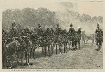 Een batterij van de Koninklijke Rijdende Artillerie vuurt een saluut in Hyde Park toen de klokken de opening van het Imperial Institute aankondigden door English School
