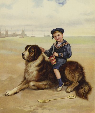 Een jongen die op zijn hond zit op het strand door English School