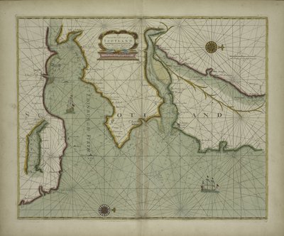 Een kaart van de oostkust van Schotland uit een zee-atlas met een hydrografische beschrijving van de meeste zee-kusten van de bekende delen van de wereld door Samuel Thornton, 1707 (handgekleurde print) door English School