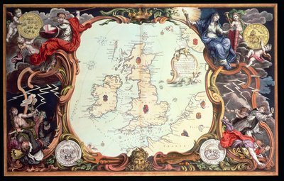 Een kaart die de verschillende actieplaatsen tussen de Engelse en Spaanse vloten toont, met de plaatsen waar verschillende Spaanse schepen werden vernietigd tijdens hun terugkeer naar Spanje, gepubliceerd in 1739, door John Pine door English School