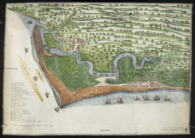 Een gekleurde facsimile kopie van een vogelvlucht of kaart van de kust van Suffolk van Alderton tot Aldborough, inclusief Orford Ness (perkament) door English School