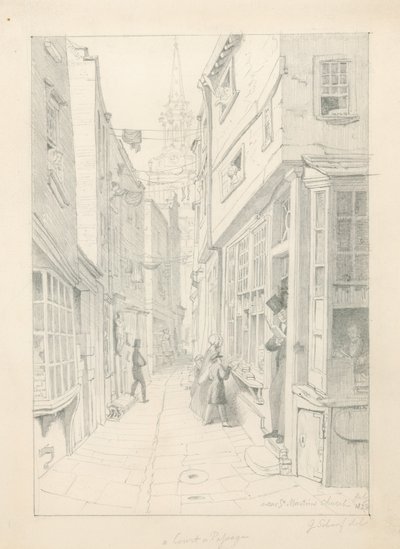 Een hof of doorgang nabij St Martins Kerk, Londen, juli 1828 door English School